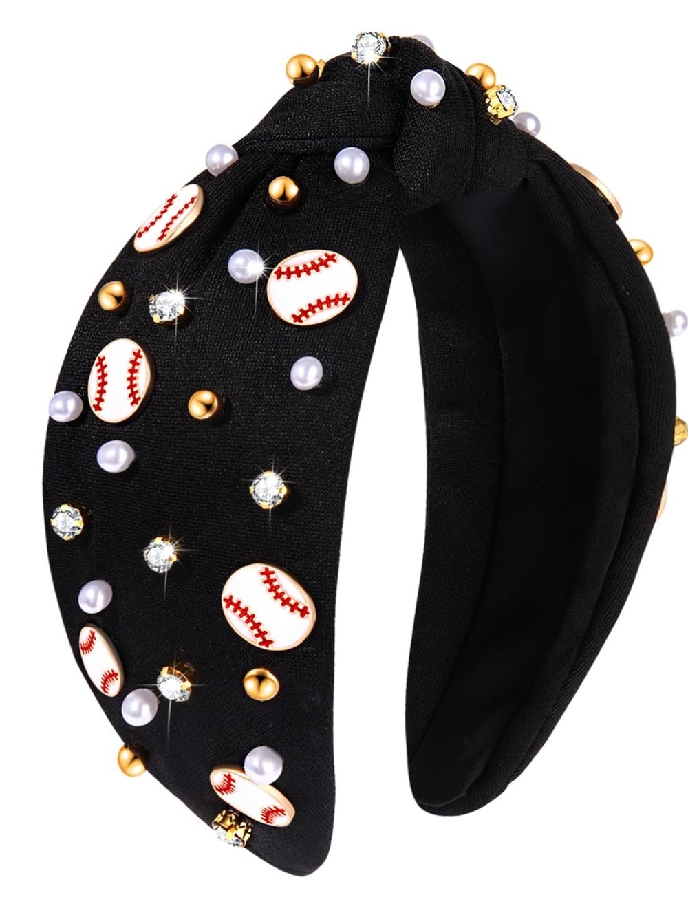 Celebrate It Black Baseball Knotted Headband Rhinestone Pearl Gameday